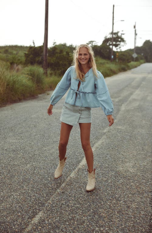 FREE PEOPLE FREE PEOPLE WYNNE RAILROAD STRIPE WRAP DENIM MINISKIRT 
