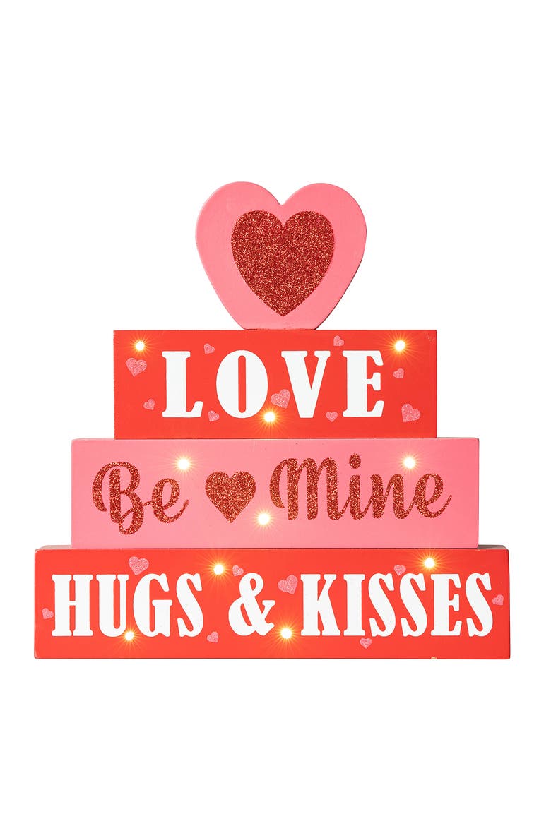 11.25"H Lighted Valentine's Wooden Block Table Sign, Main, color, Red