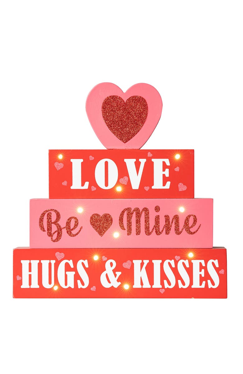 Glitzhome 11.25"H Lighted Valentine's Wooden Block Table Sign, Main, color, Red