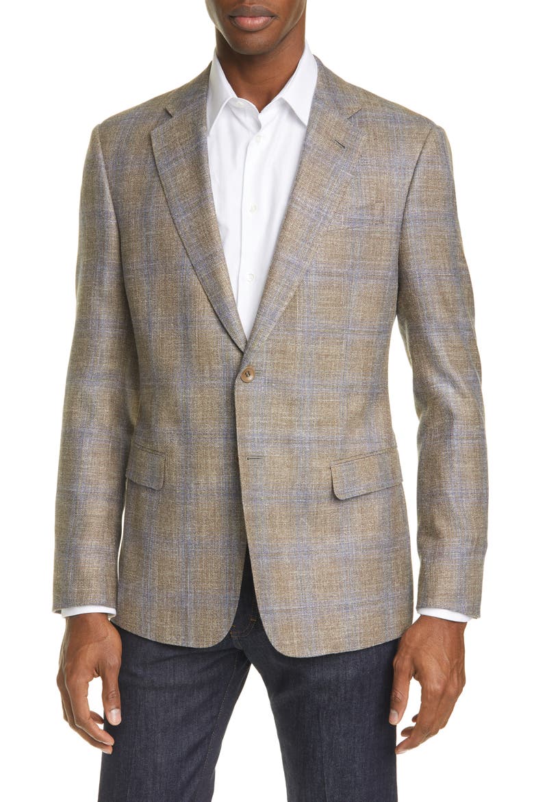 Trim Fit Plaid Wool & Silk Blend Sport Coat, Main, color, SAND