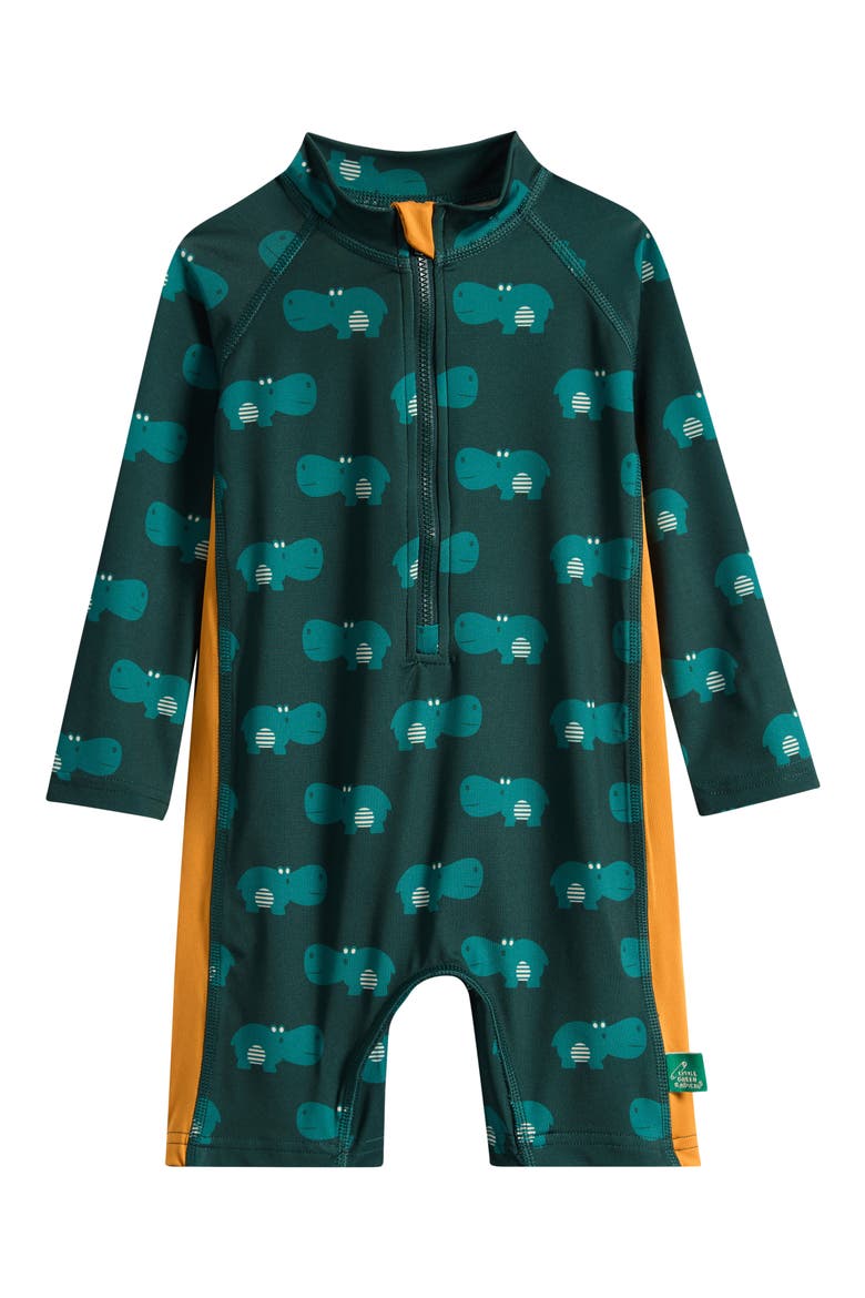 Kids' Happy Hippos UPF 50+ Long Sleeve One-Piece Rashguard Swimsuit, Main, color, GREEN