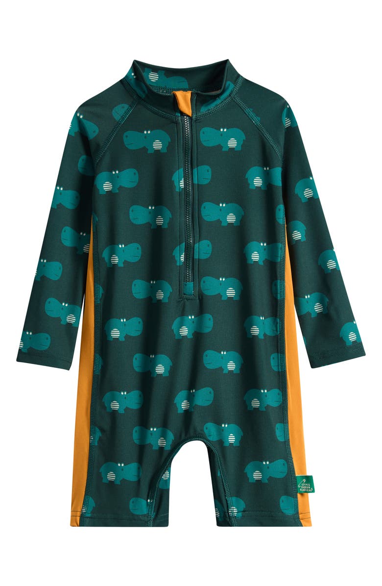 Little Green Radicals Kids' Happy Hippos UPF 50+ Long Sleeve One-Piece Rashguard Swimsuit, Main, color, Green