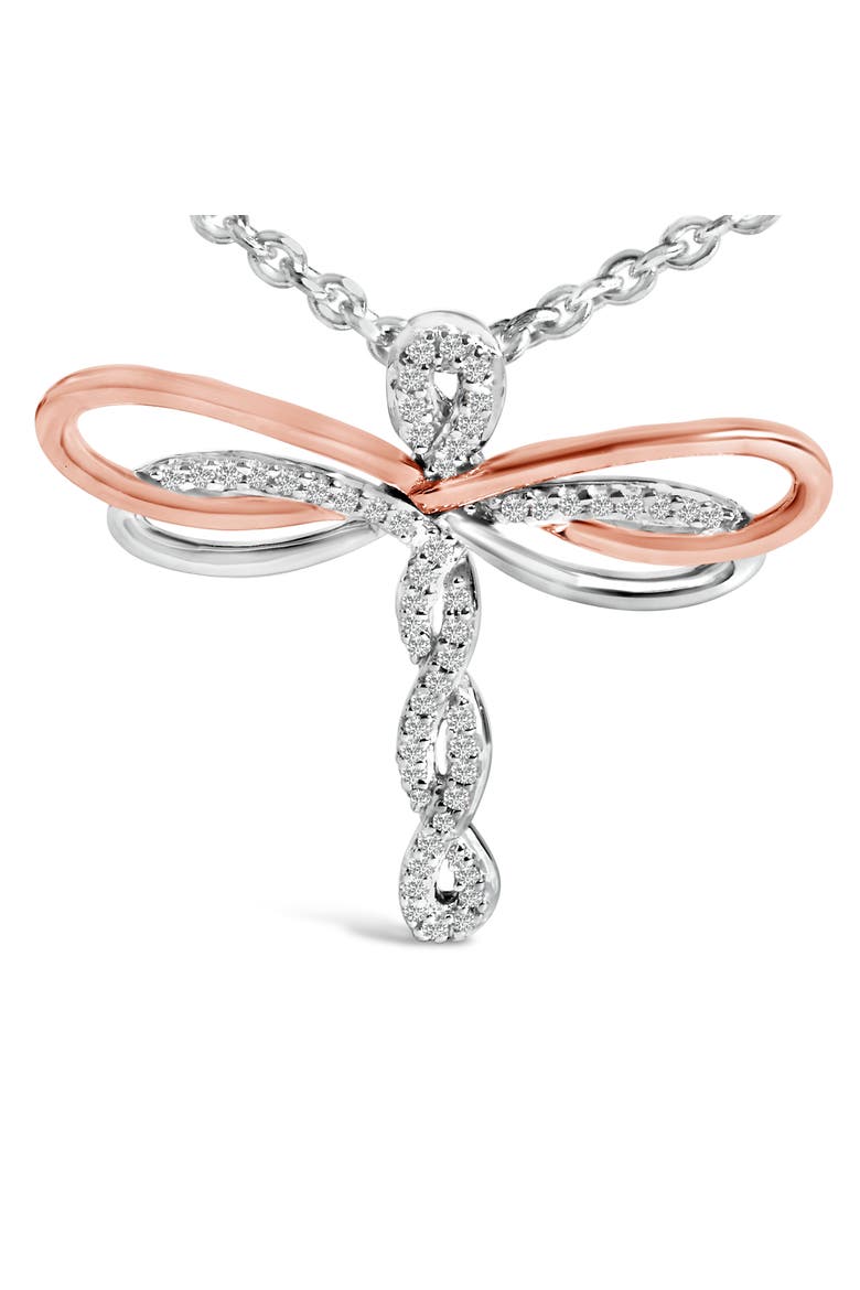 14K Rose Gold Plated Sterling Silver 1/10 Cttw Diamond Dragonfly Pendant Necklace, Alternate, color, White Gold over Silver