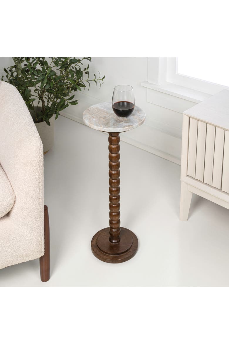 Monroe Farmhouse Wood Drink Table, Marble Round Top Bobbin Spool Pedestal Base, Decorative Accent End Table, Alternate, color, Dark Brown/Beige/Gray