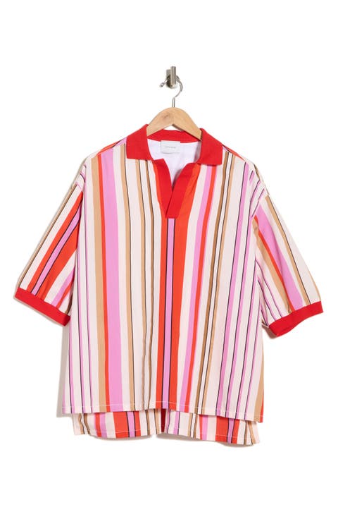 Stripe Short Sleeve Cotton Blend Shirt