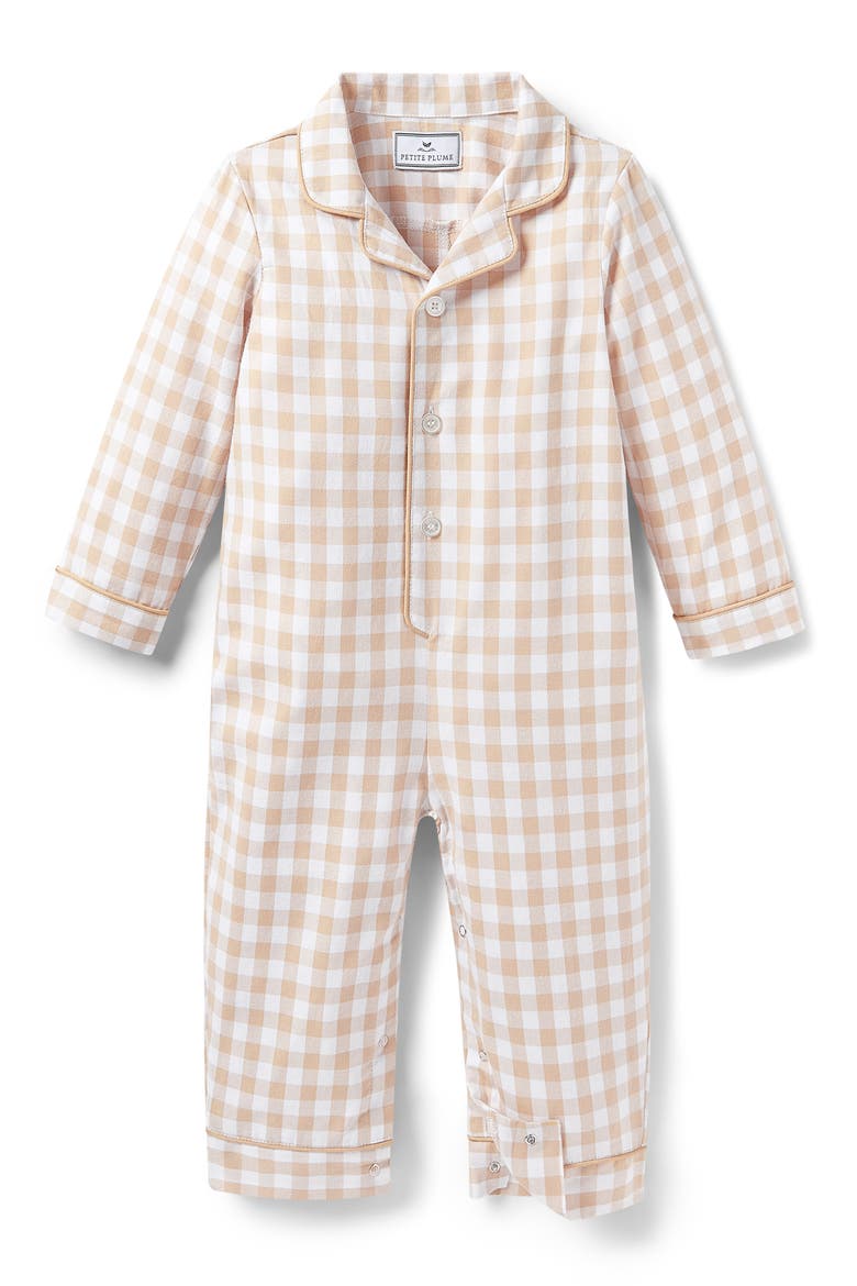 Gingham One-Piece Brushed Twill Pajamas, Main, color, BEIGE