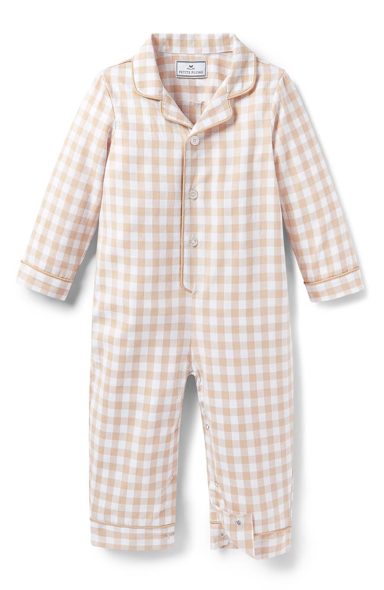 Petite Plume Gingham One-Piece Brushed Twill Pajamas, Main, color, Beige