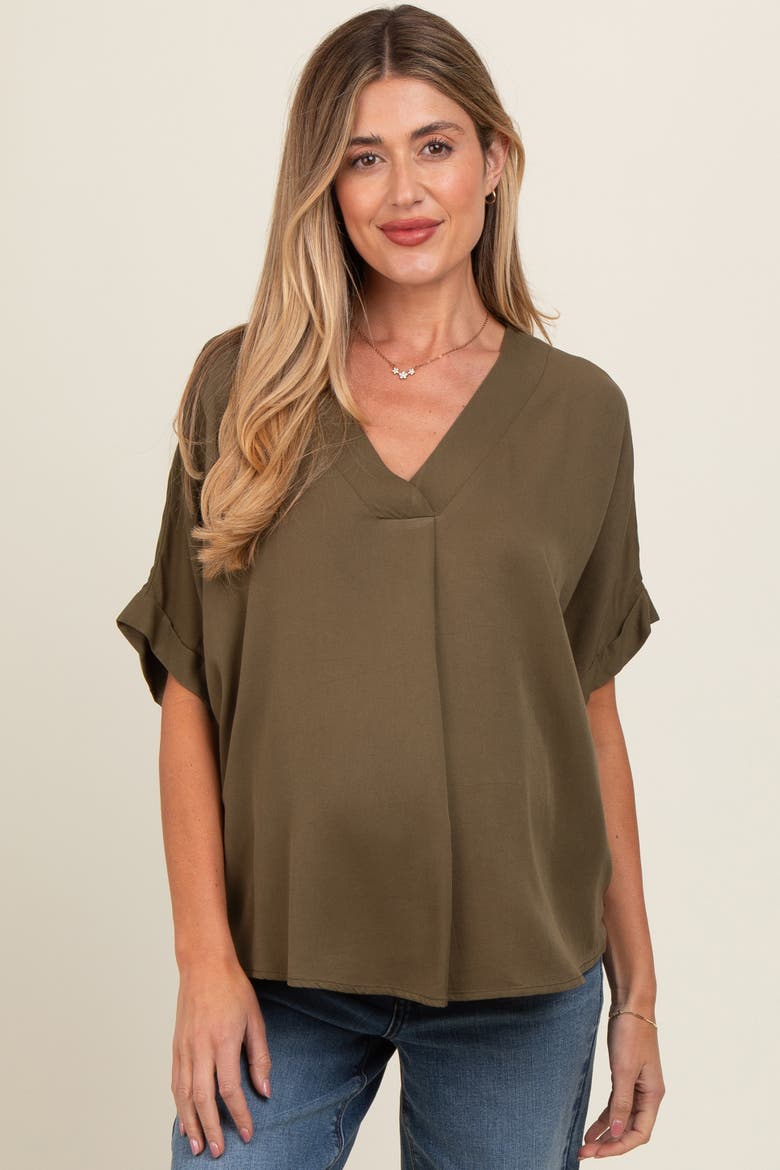 V-Neck Pin-Tuck Detail Top, Alternate, color, Olive Green