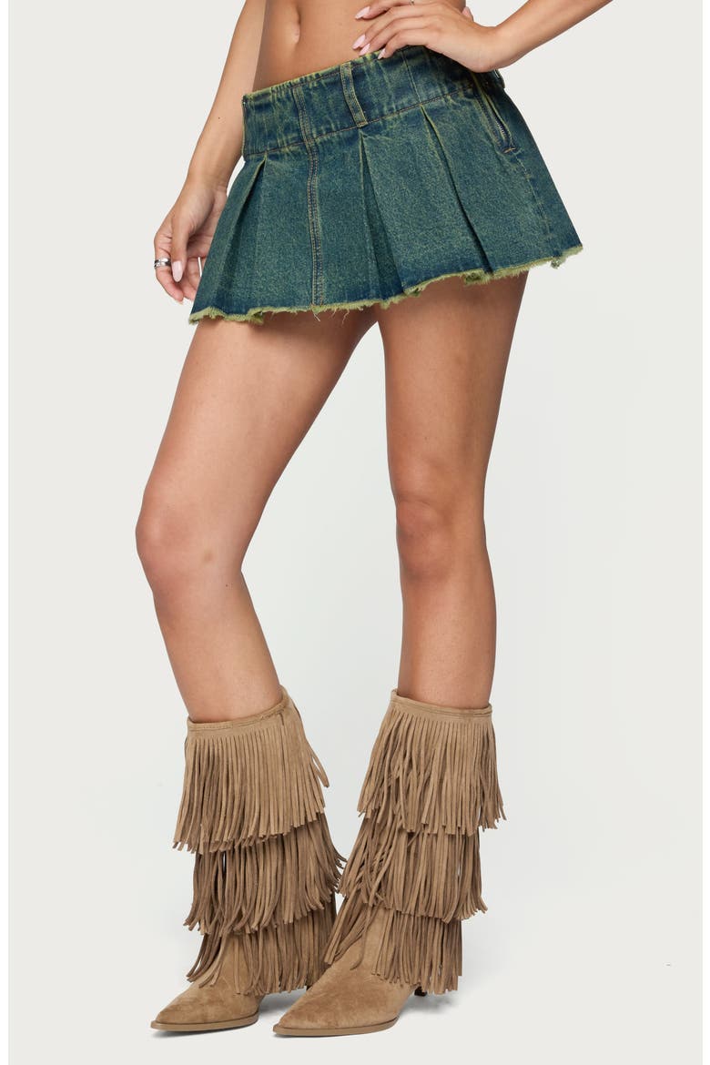 Pleated Frayed Denim Miniskort, Alternate, color, BLUE-WASHED