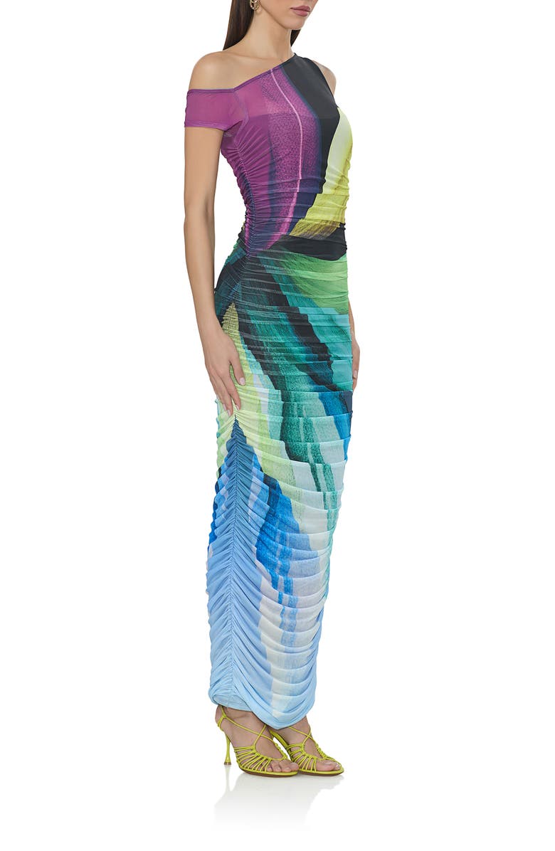 AFRM Biona One-Shoulder Ruched Mesh Maxi Dress, Alternate, color, Black Lotus