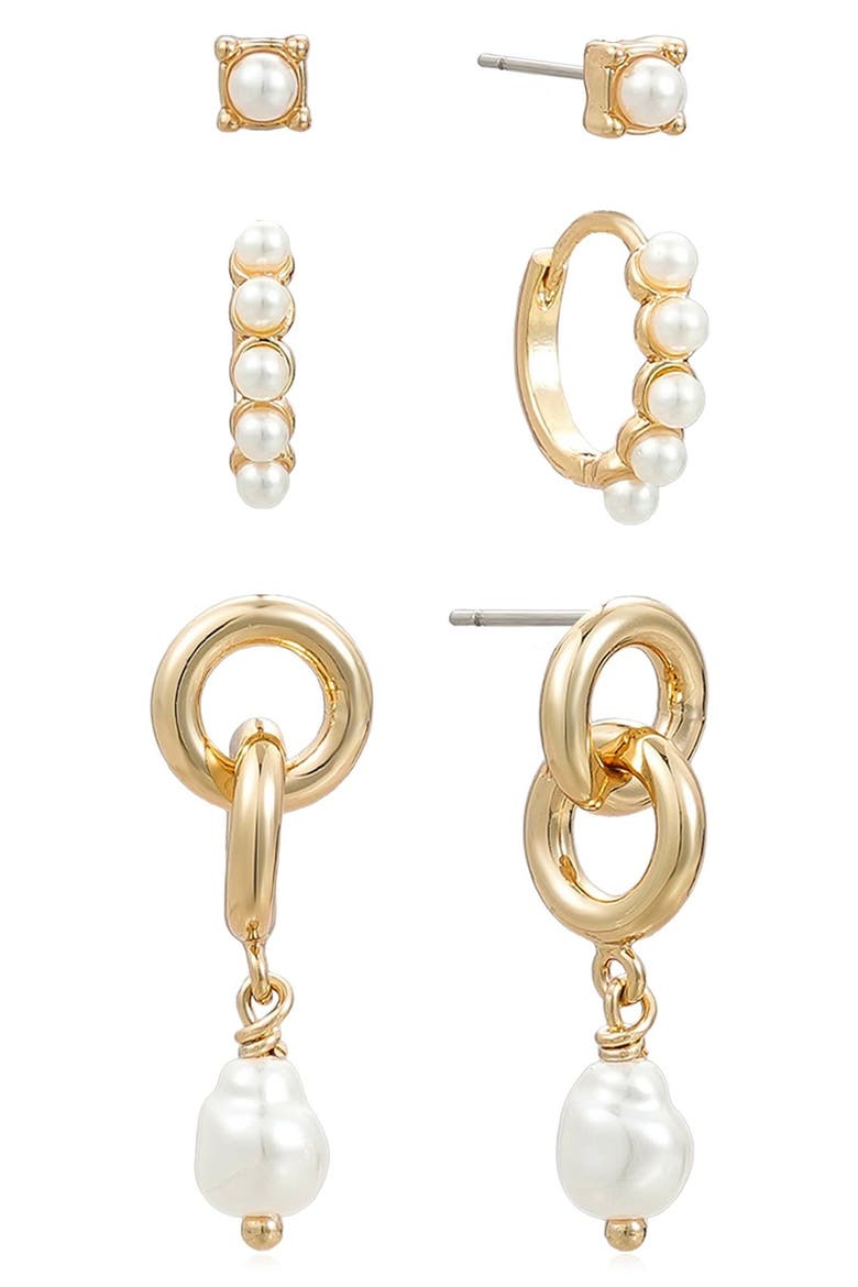 Baby Faux Pearl Earrings Set, Main, color, GOLD