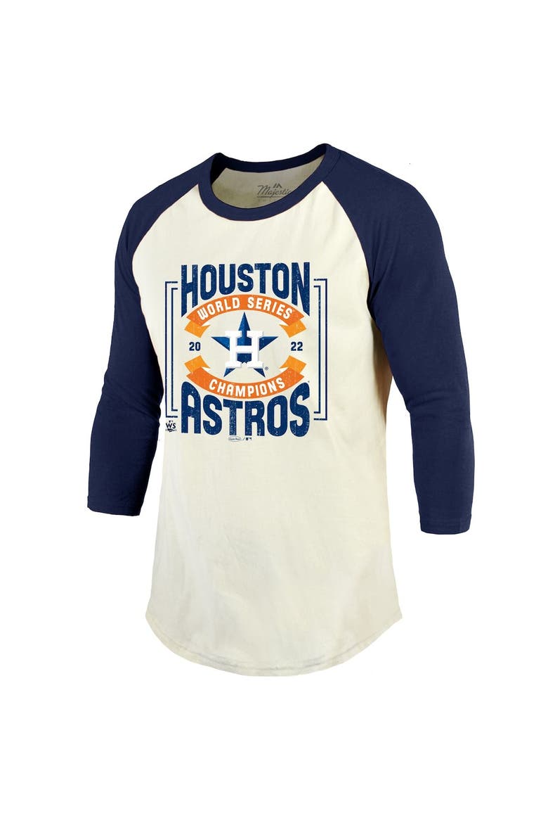 Men's Majestic Threads Cream/Navy Houston Astros 2022 World Series Champions Divide And Conquer Tri-Blend Raglan 3/4-Sleeve T-Shirt, Alternate, color, Cream