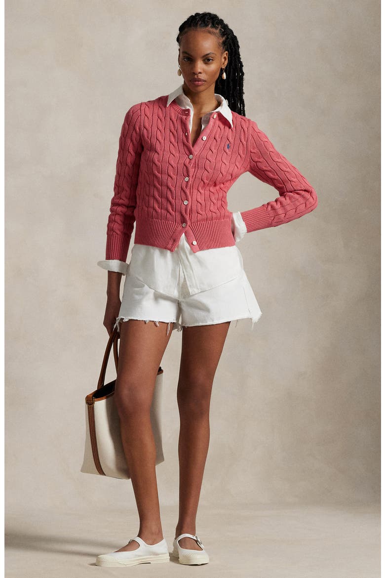 Cable Knit Cotton Crewneck Cardigan, Alternate, color, RED SKY