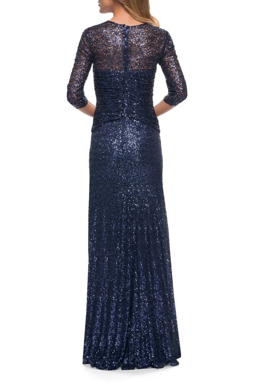 La Femme Sequin Evening Gown With Knot Detail On Front In Navy