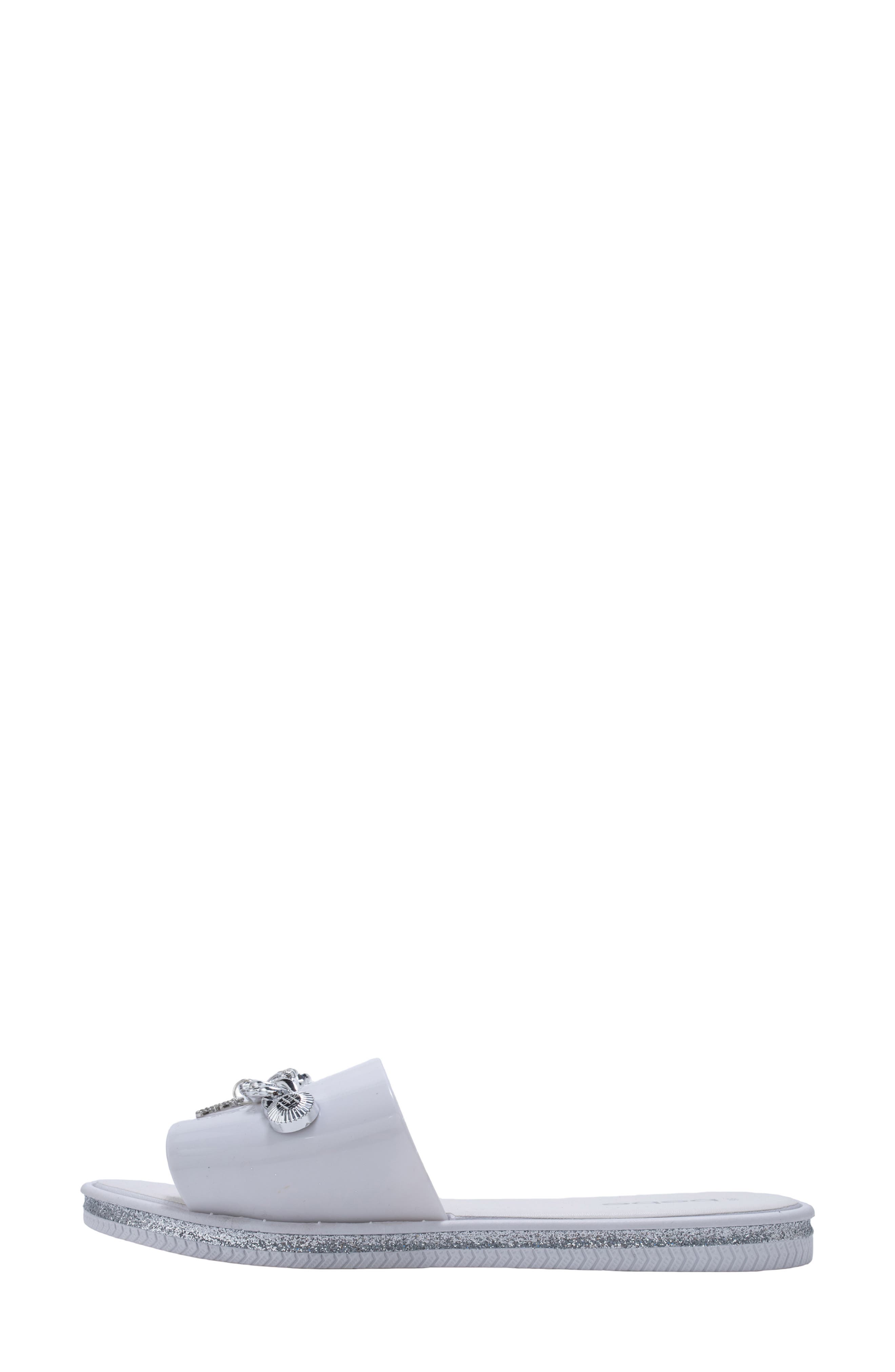 bebe Chain Charm Slide Sandal, Alternate, color, Metallic Silver