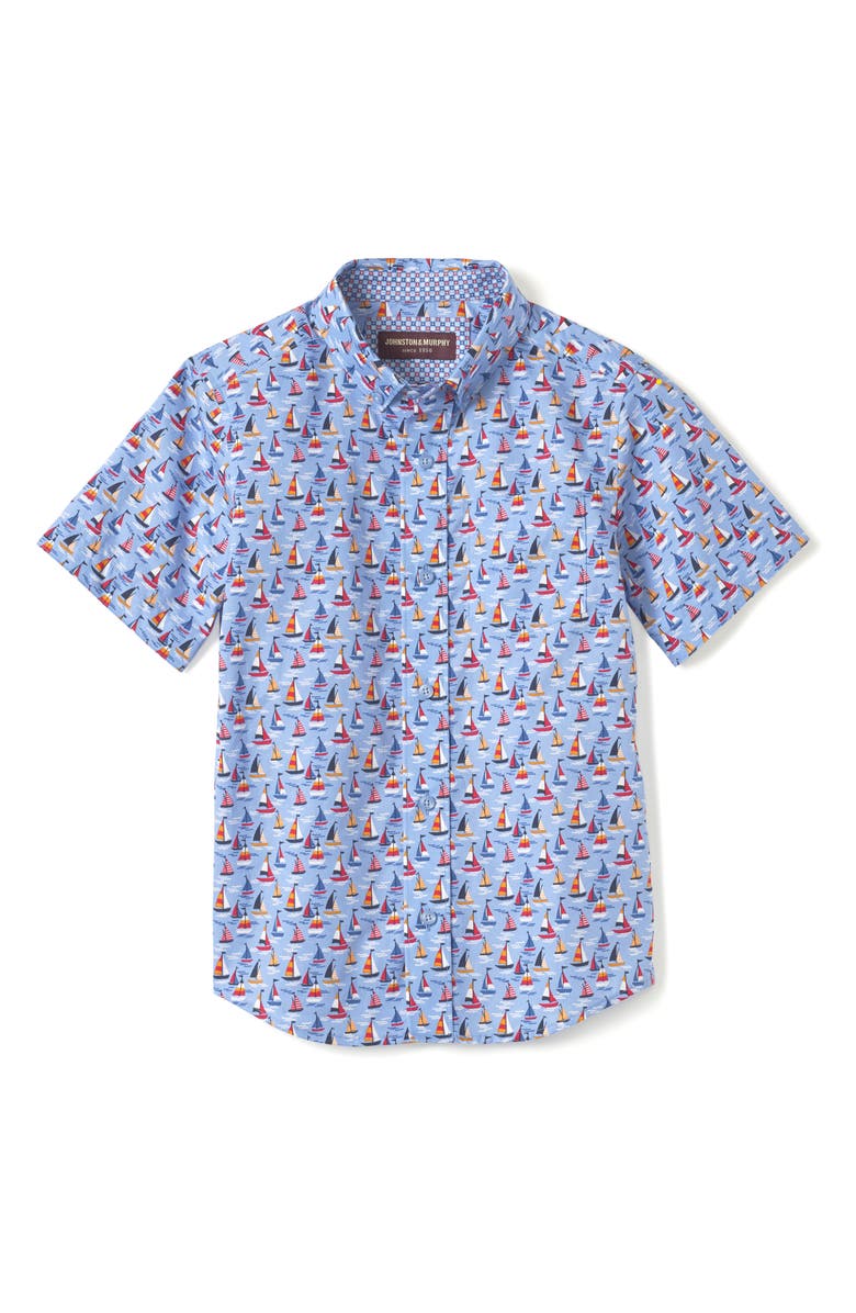 Johnston & Murphy Kids' Sailboat Print Short Sleeve Button-Down Shirt, Main, color, 