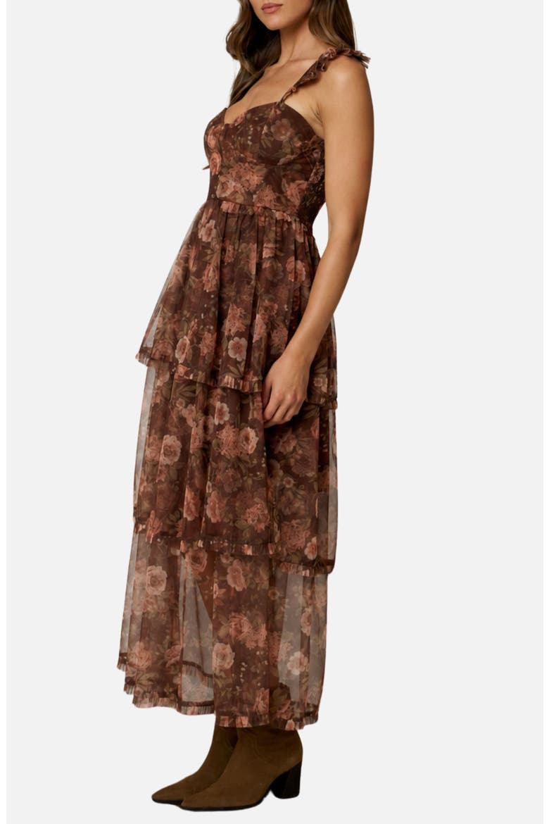 Floral Print Ruffle Strap Tiered Maxi Dress, Alternate, color, BROWN MULTI
