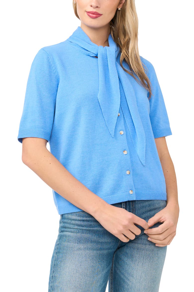 Tie Neck Short Sleeve Cardigan, Main, color, OCEAN FROST