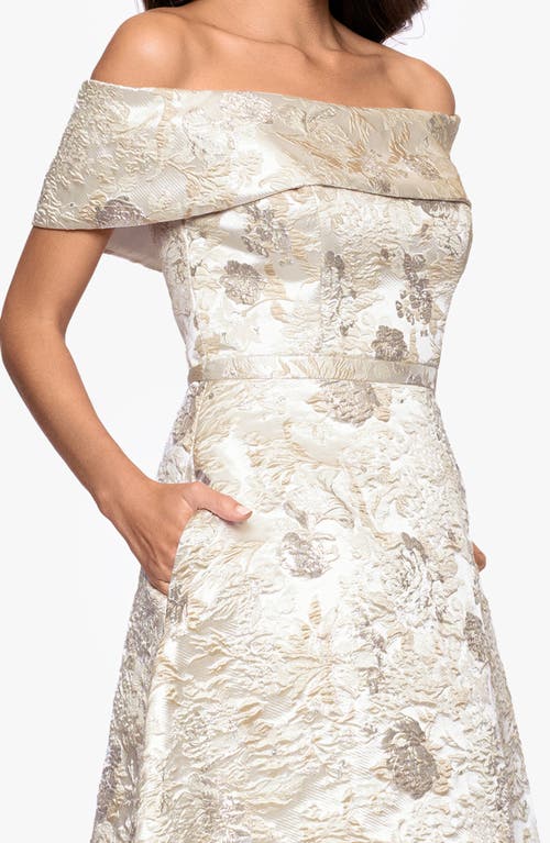 Xscape Evenings Metallic Floral Brocade Off The Shoulder Gown In Gold