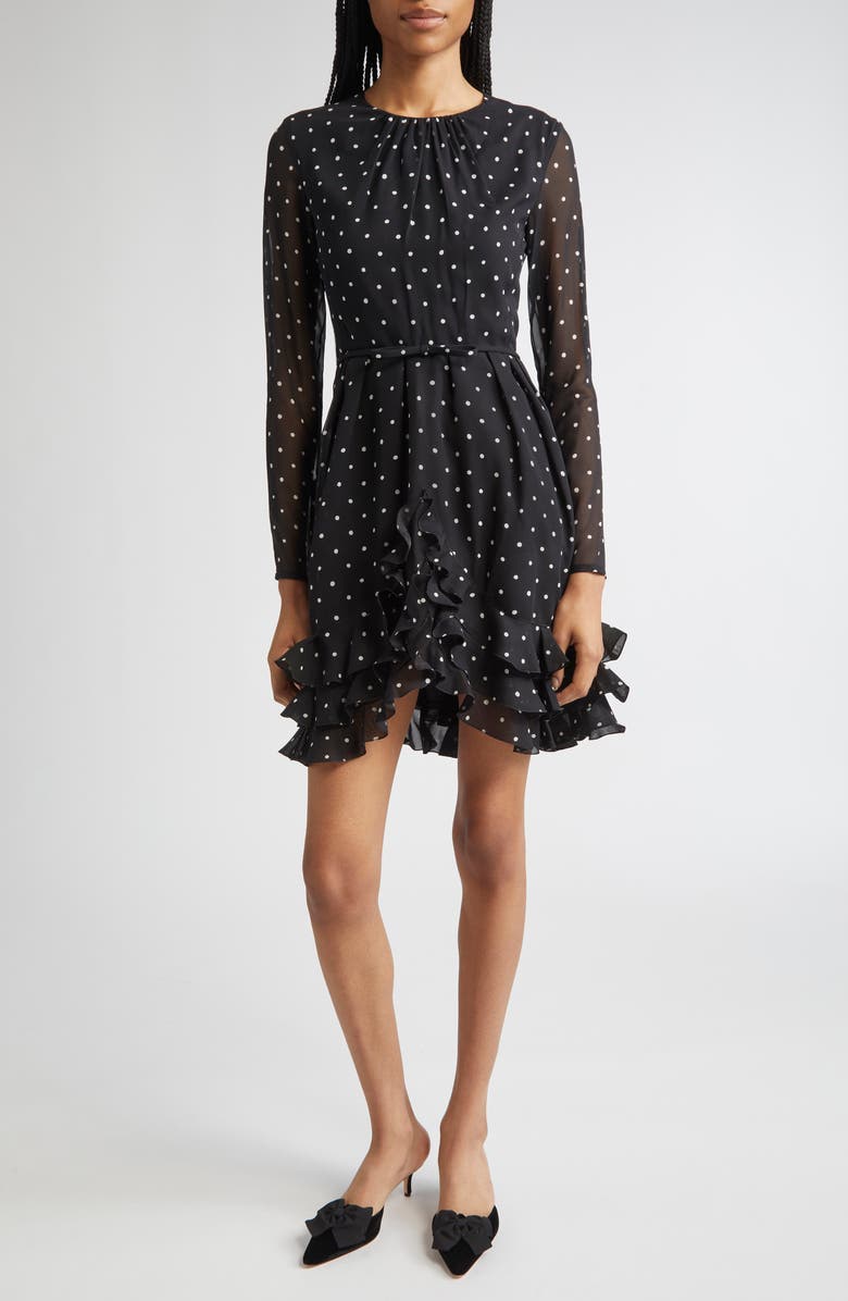 Giambattista Valli Polka Dot Ruffle Hem Long Sleeve Silk Dress, Main, color, Black