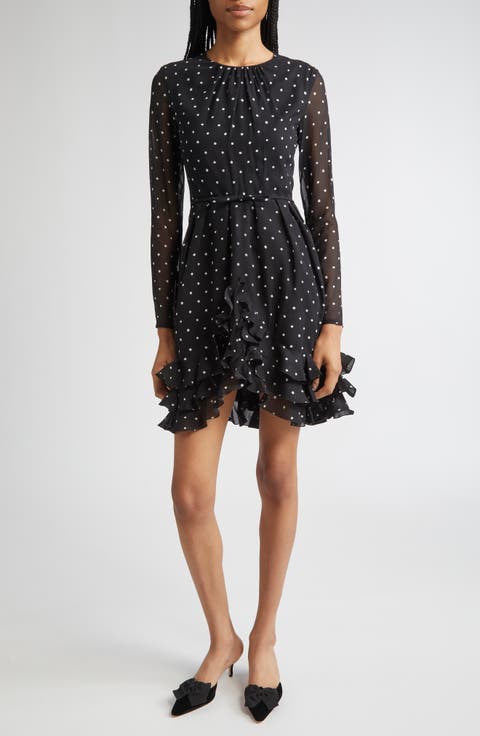 Polka Dot Ruffle Hem Long Sleeve Silk Dress