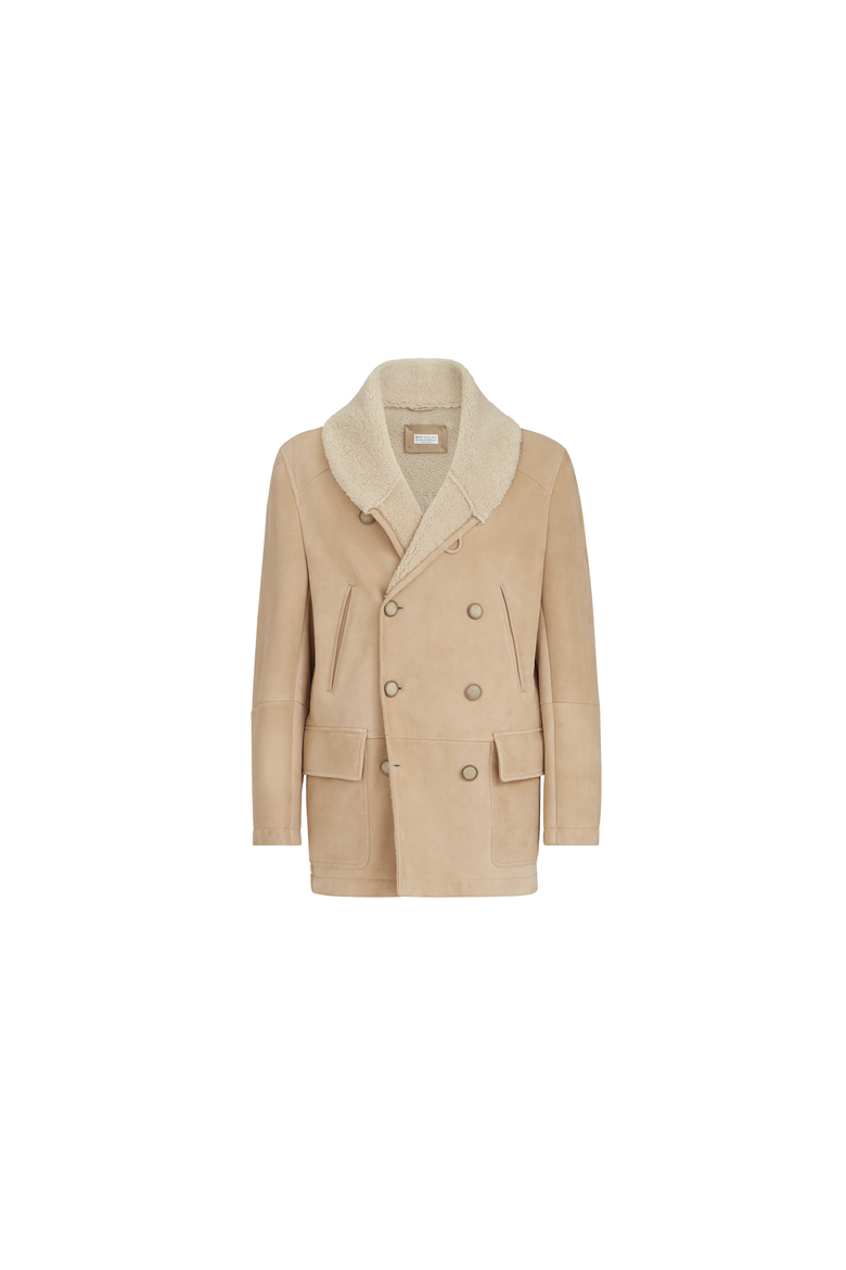 Suede curly shearling pea coat with shawl collar, Alternate, color, Sand