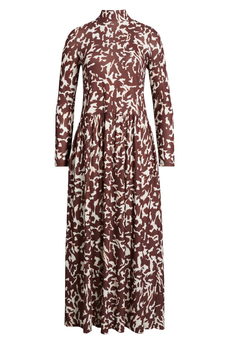 Printed Mock Neck Long Sleeve Maxi Dress, Alternate, color, RUM RAISIN