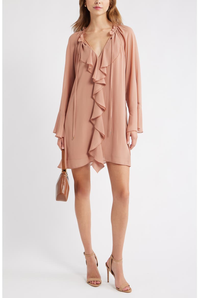 Ruffle Chiffon Shift Dress, Alternate, color, TAN CORK