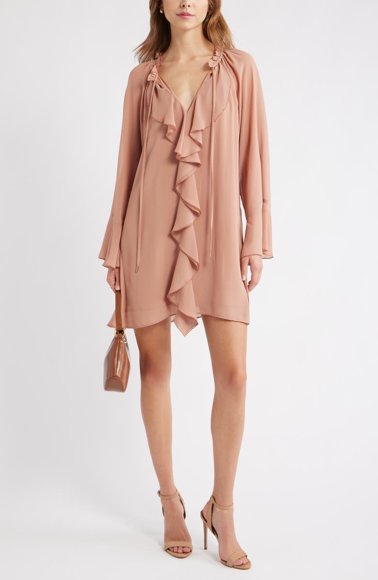 Open Edit Ruffle Chiffon Shift Dress, Alternate, color, Tan Cork