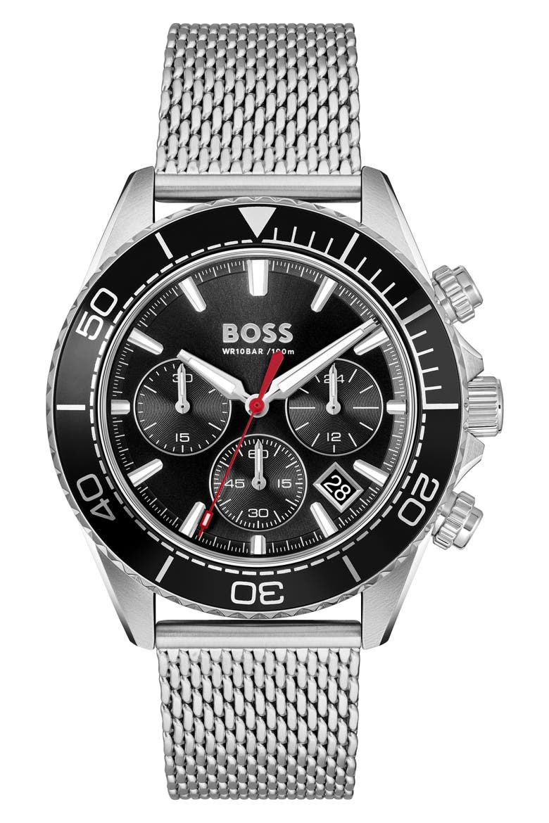 Sealiner Chronograph Mesh Strap Watch, 44mm, Main, color, BLACK