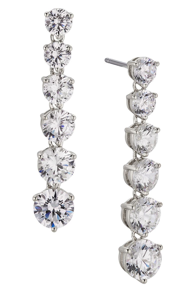 Graduated Cubic Zirconia Linear Drop Earrings, Main, color, RHODIUM