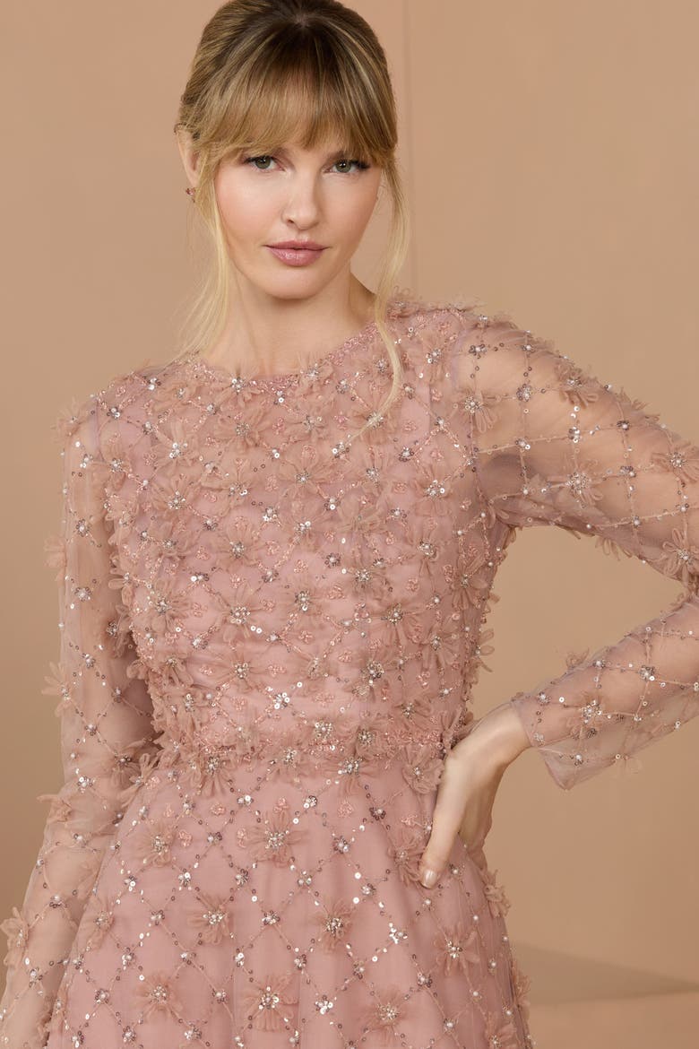 High Neck Long Sleeve Floral Embellished A-Line Gown, Alternate, color, Mocha