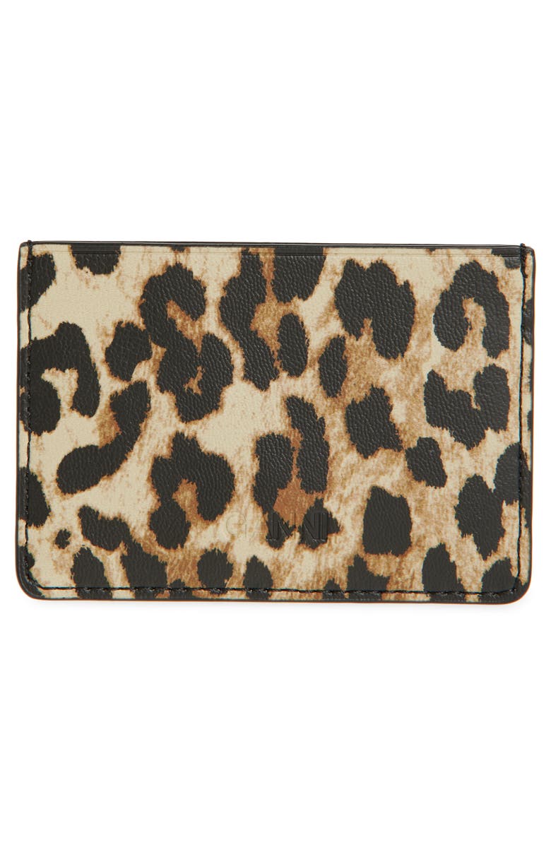 Ganni Leopard Print Leather Card Case, Alternate, color, Leopard