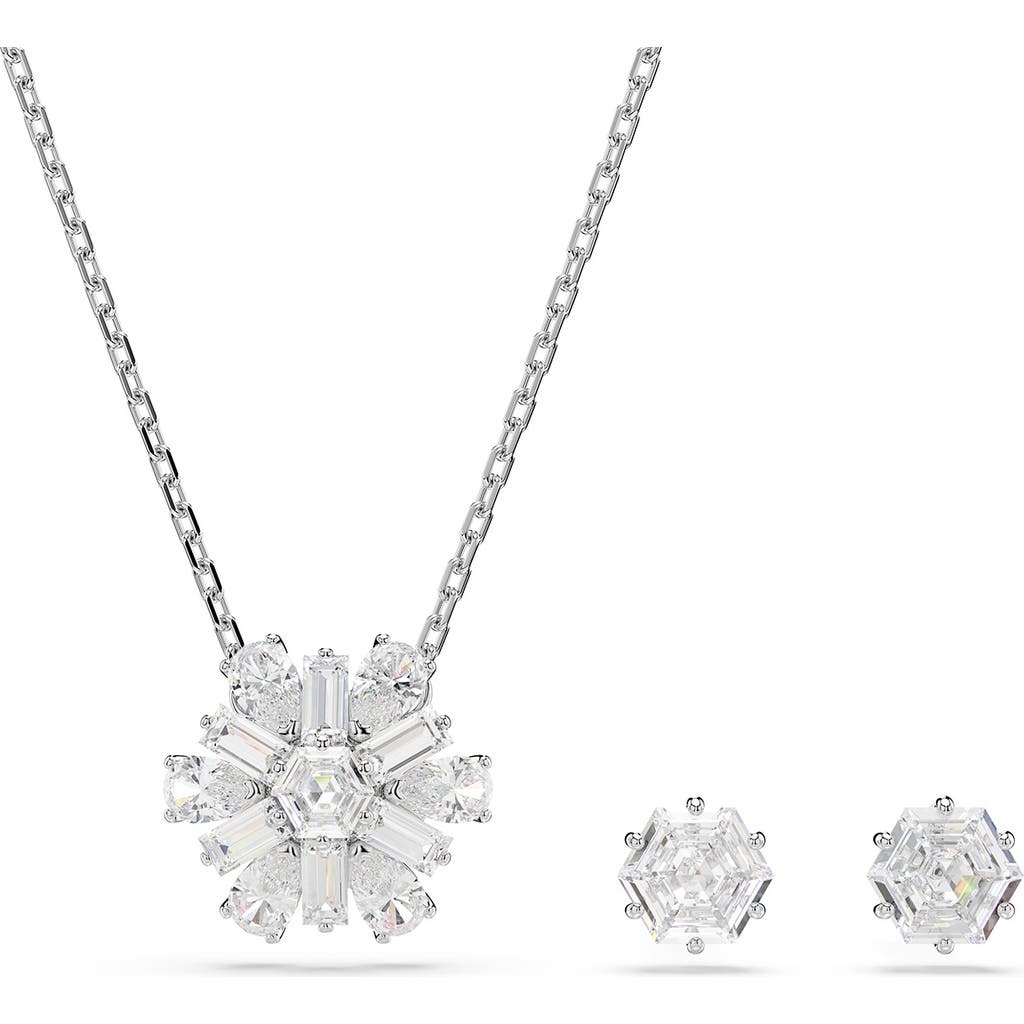 Swarovski Mixed Cuts Snowflake White Rhodium Plated Idyllia Sets In Silver
