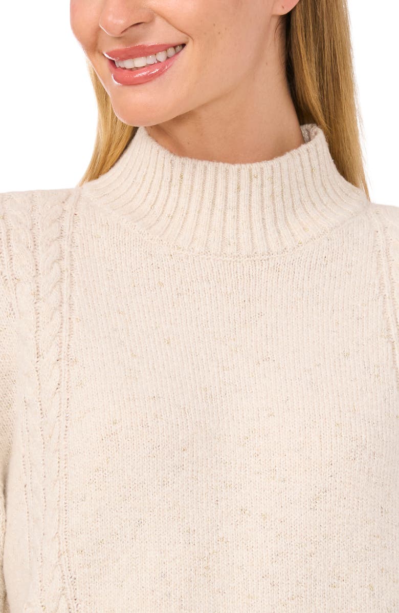 CeCe Metallic Mock Neck Cable Stitch Sweater, Alternate, color, Birch