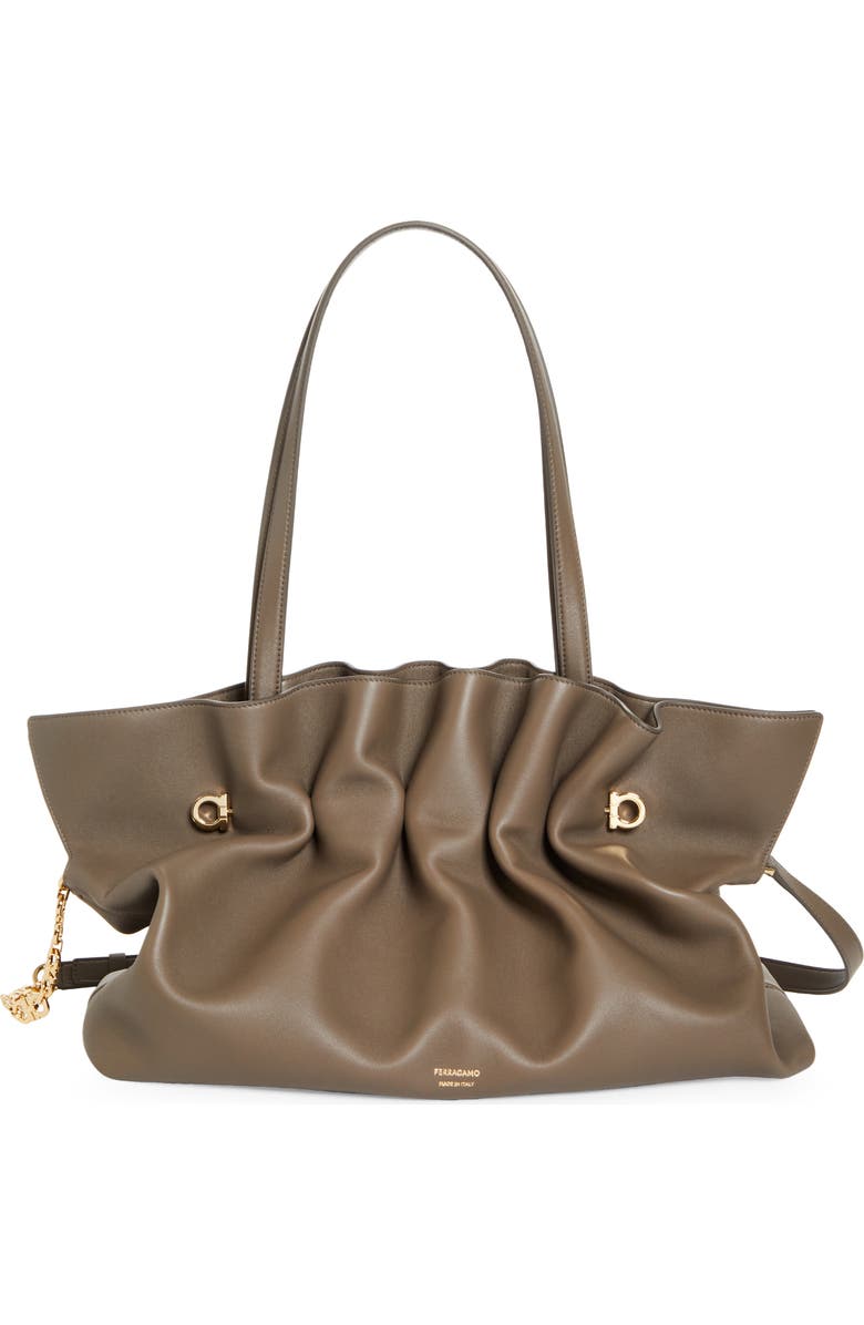 FERRAGAMO Large Gancio Piercing Soft Leather Shoulder Bag, Main, color, Concrete