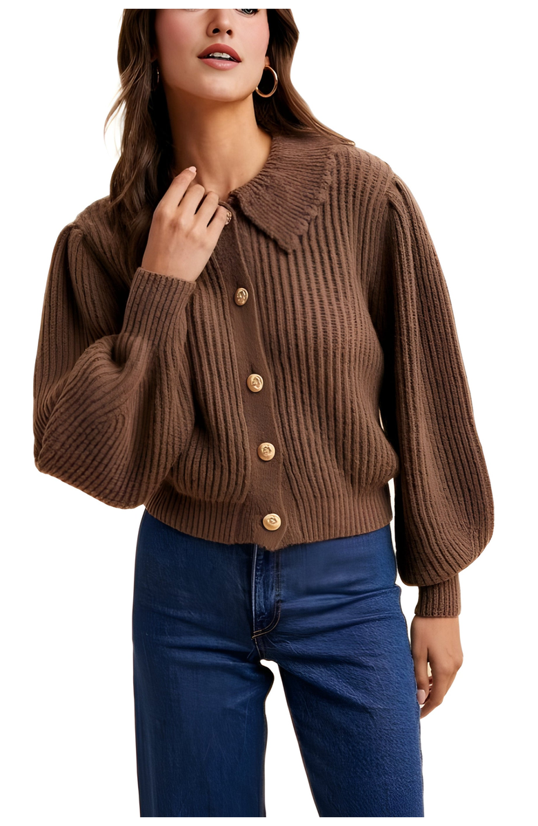 Knit and Lounge Classic Ribbed Button-Up Cardigan with Structured Collar, Alternate, color, 