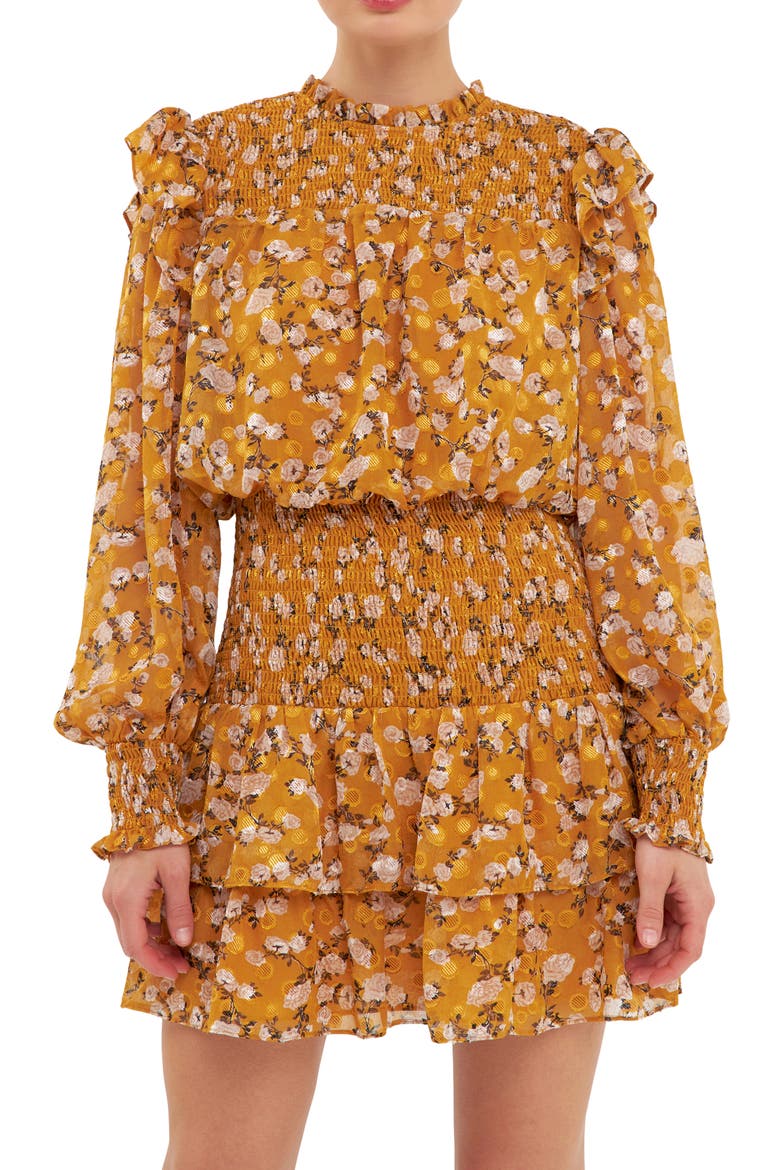 Floral Print Shirred Long Sleeve Chiffon Minidress, Alternate, color, MUSTARD