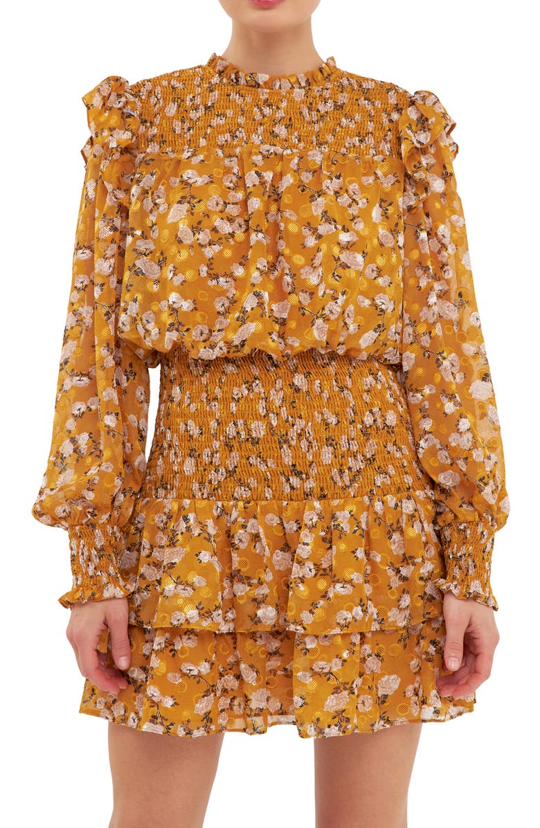 Endless Rose Floral Print Shirred Long Sleeve Chiffon Minidress, Alternate, color, Mustard