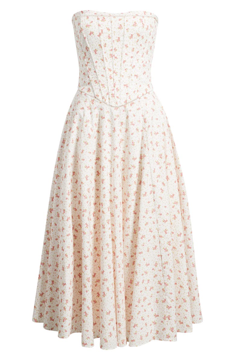 HOUSE OF CB Gina Floral Strapless Corset Stretch Cotton Maxi Dress, Main, color, White Rose
