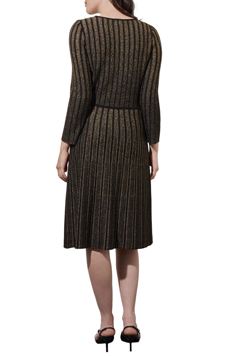 Ming Wang Shimmer Stripe Tie Neck Metallic Sweater Dress, Alternate, color, Black/Gold