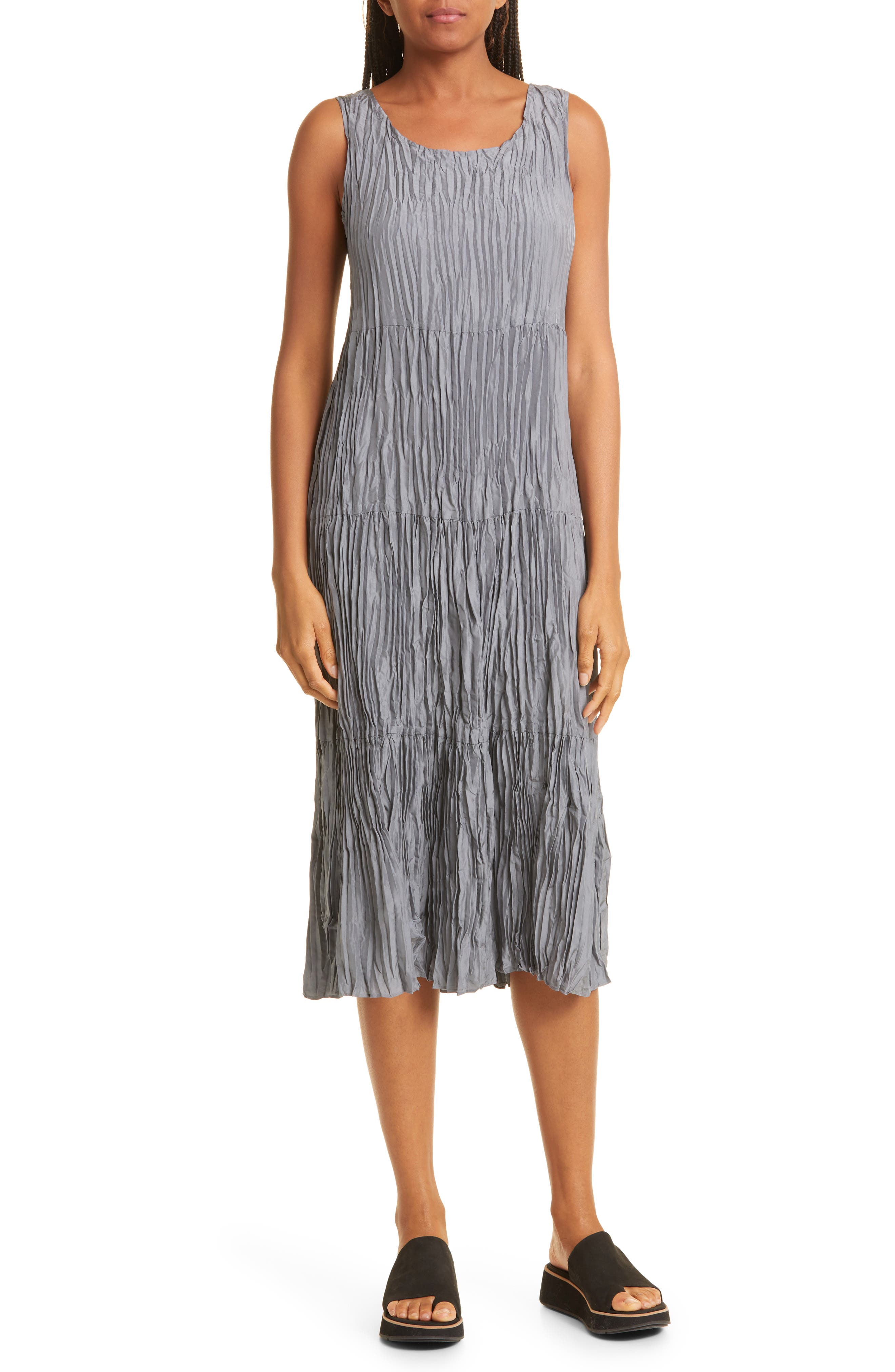 crushed silk tiered dress EILEEN FISHER Crushed-Silk Tiered Midi Dress