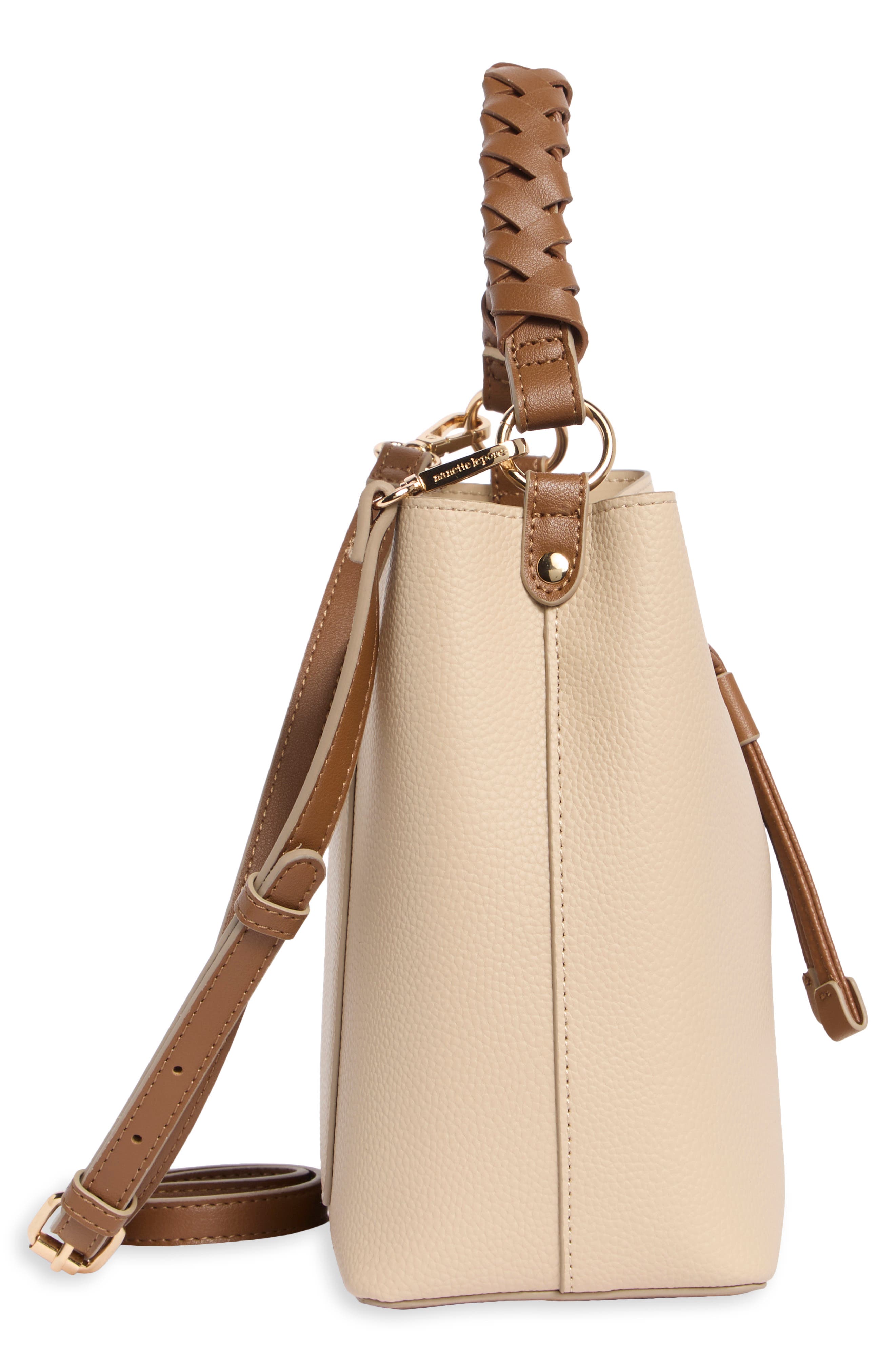 Faux Leather Bucket Bag with Braided Handle, Alternate, color, OATMEAL