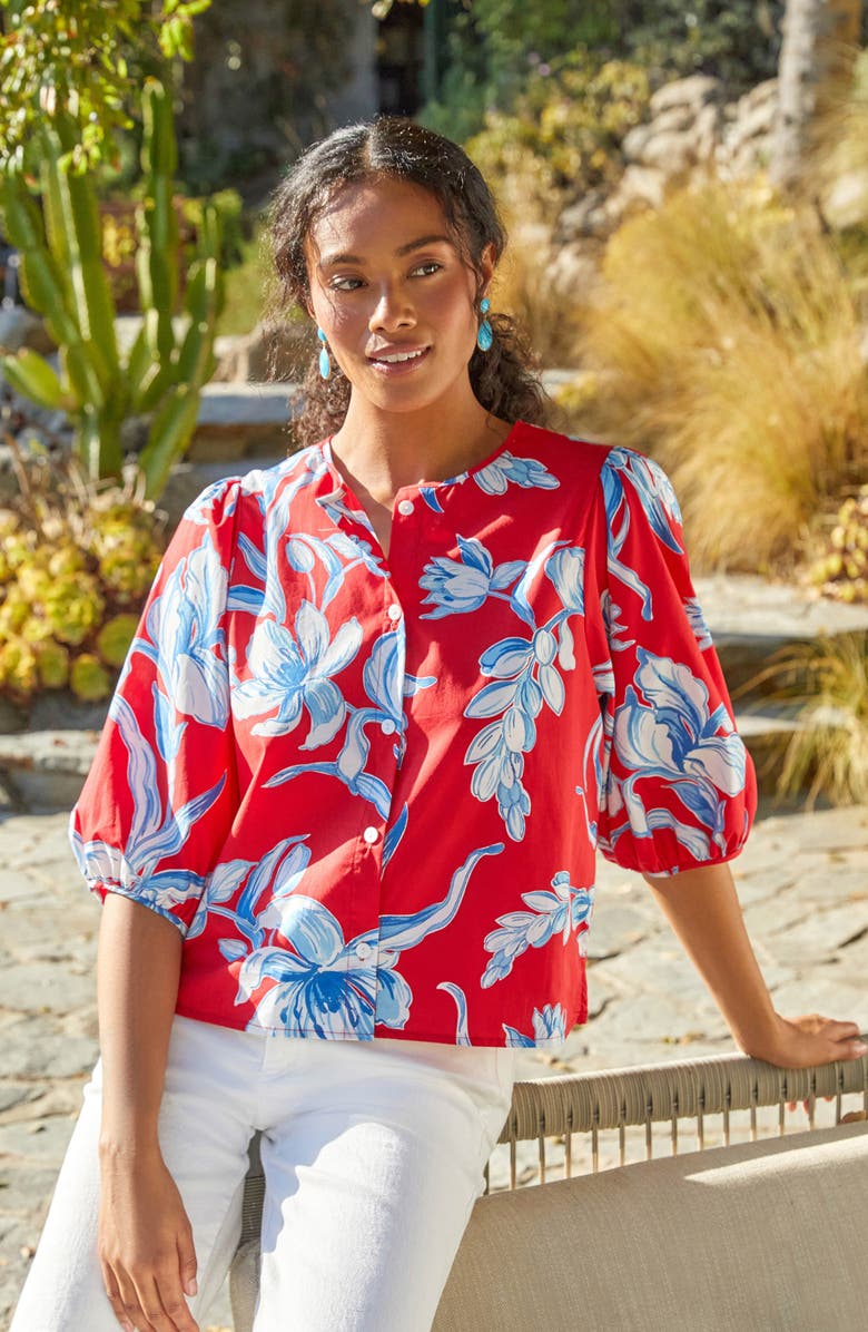 Karen Kane Floral Print Puff Sleeve Cotton Button-Up Shirt, Alternate, color, Red Print