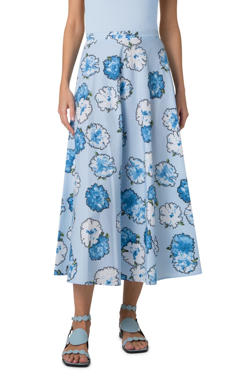 Akris punto Carnation Print Cotton Poplin Midi Skirt, Main, color, Sky-Multi