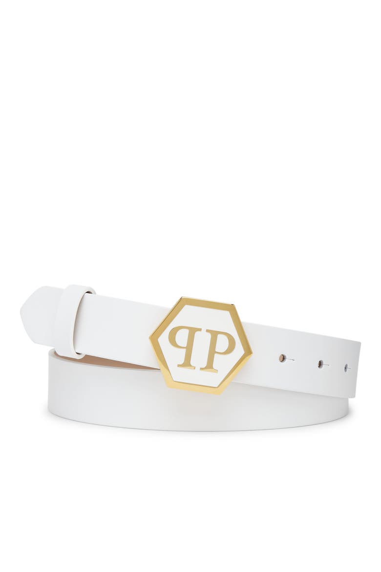 Leather Belt Hexagon Luxe Women, Main, color, white/gold