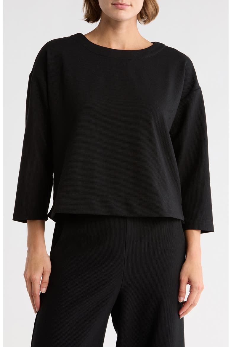 Three-Quarter Sleeve Drop Shoulder Rib Knit Top, Main, color, BLACK