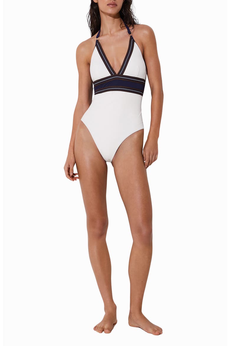 Giana Halter One-Piece Swimsuit, Alternate, color, IVORY/ NAVY