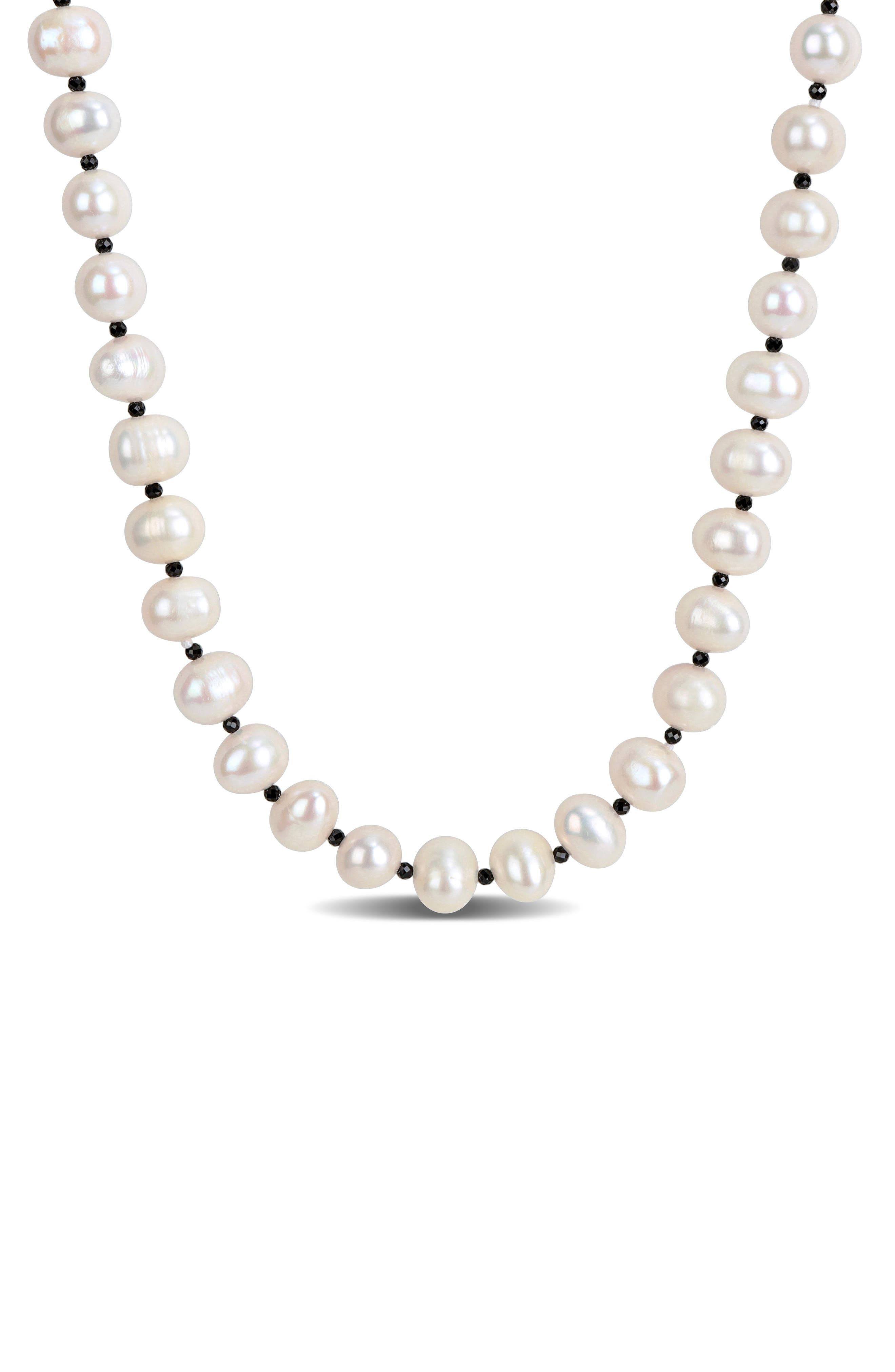 DELMAR Cultured White Pearl & Black Spinel Long Necklace
