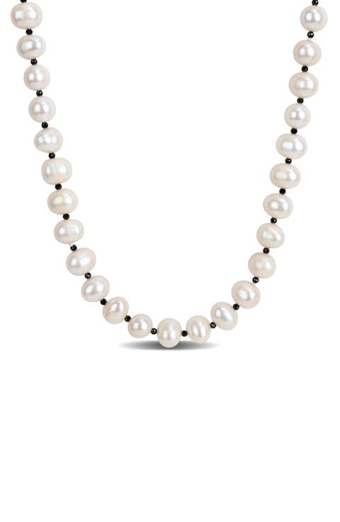 Cultured White Pearl & Black Spinel Long Necklace